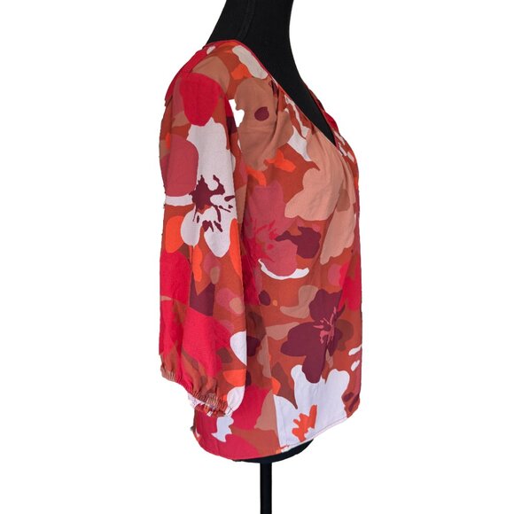 NWOT Sanctuary V-Neck Balloon Sleeve Tunic Top Size S Orange Brown Floral - Picture 2 of 6